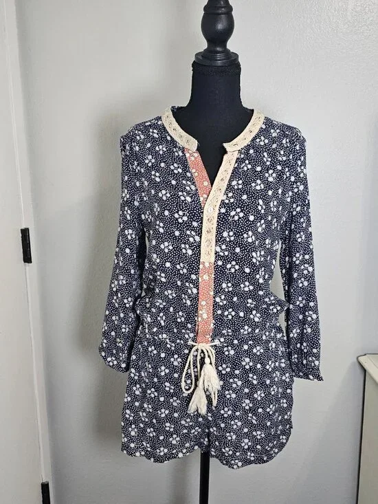 Ellison Boho Floral Lace Trim Romper Navy Blue & White Long Tassel Waist Size M - Picture 2 of 7